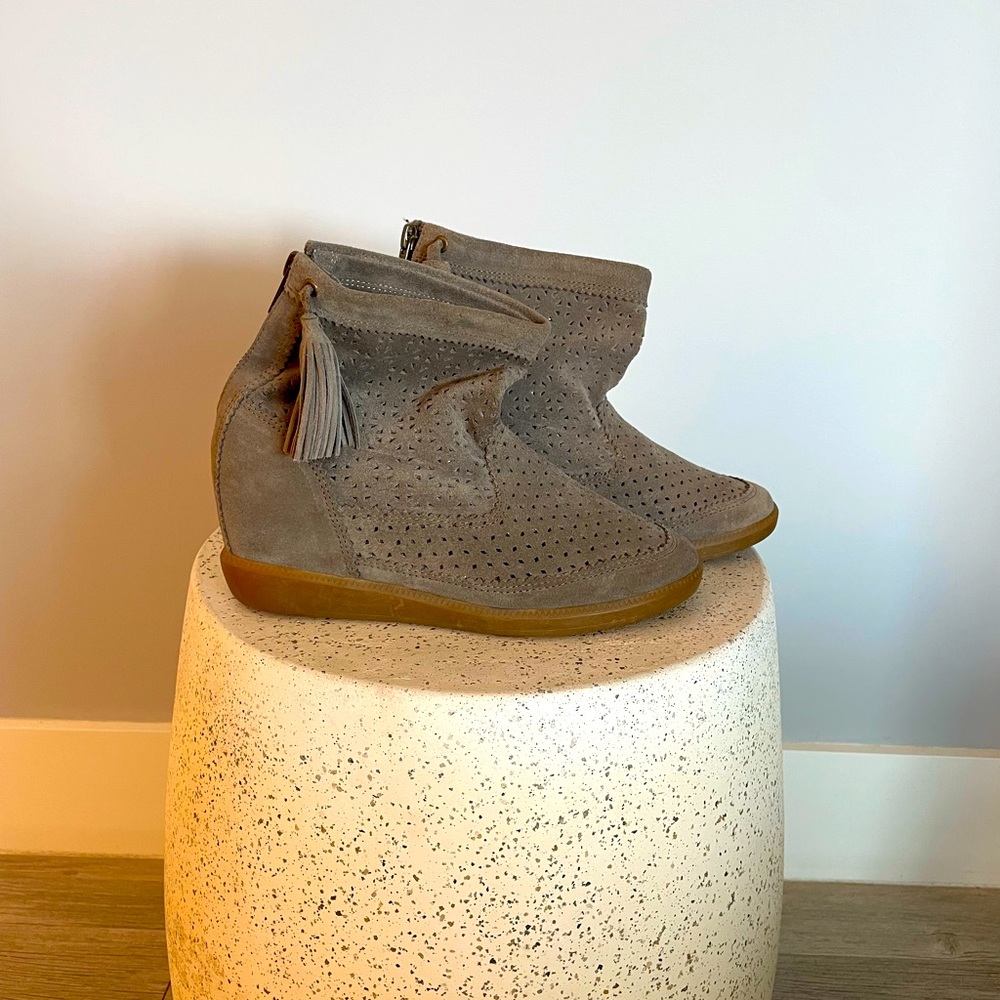 Isabel Marant perforated taupe suede wedge booties  sz 6